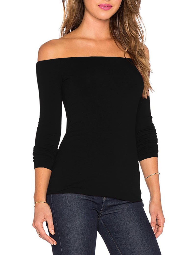 Sarin Mathews Women's Sexy Slim Fit Stretchy Off Shoulder Long Sleeve Blouse Tops Shirt Black 2XL - Image 3